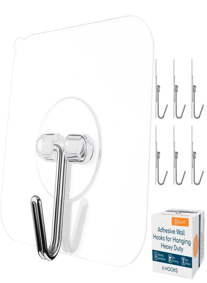 GLUIT Adhesive Wall Hooks for Hanging Heavy Duty 22 lbs Hooks for Walls No Damage, Towel Sticky Clear Hook, Waterproof, Home, Bathroom, Kitchen, Office, and Outdoor 6 Pack - Image 1